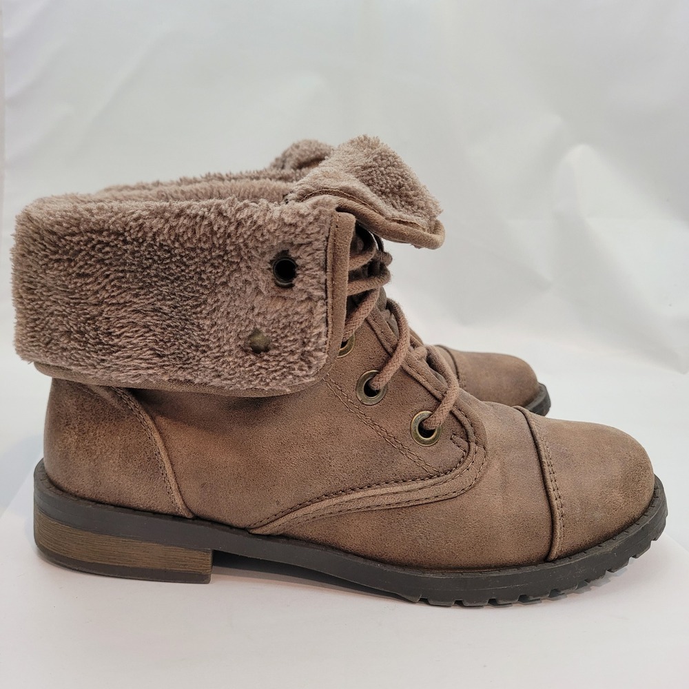 Self Esteem Waterfall Combat Boots Brown Faux Fur Fold Over Ankle Womens Size 6
